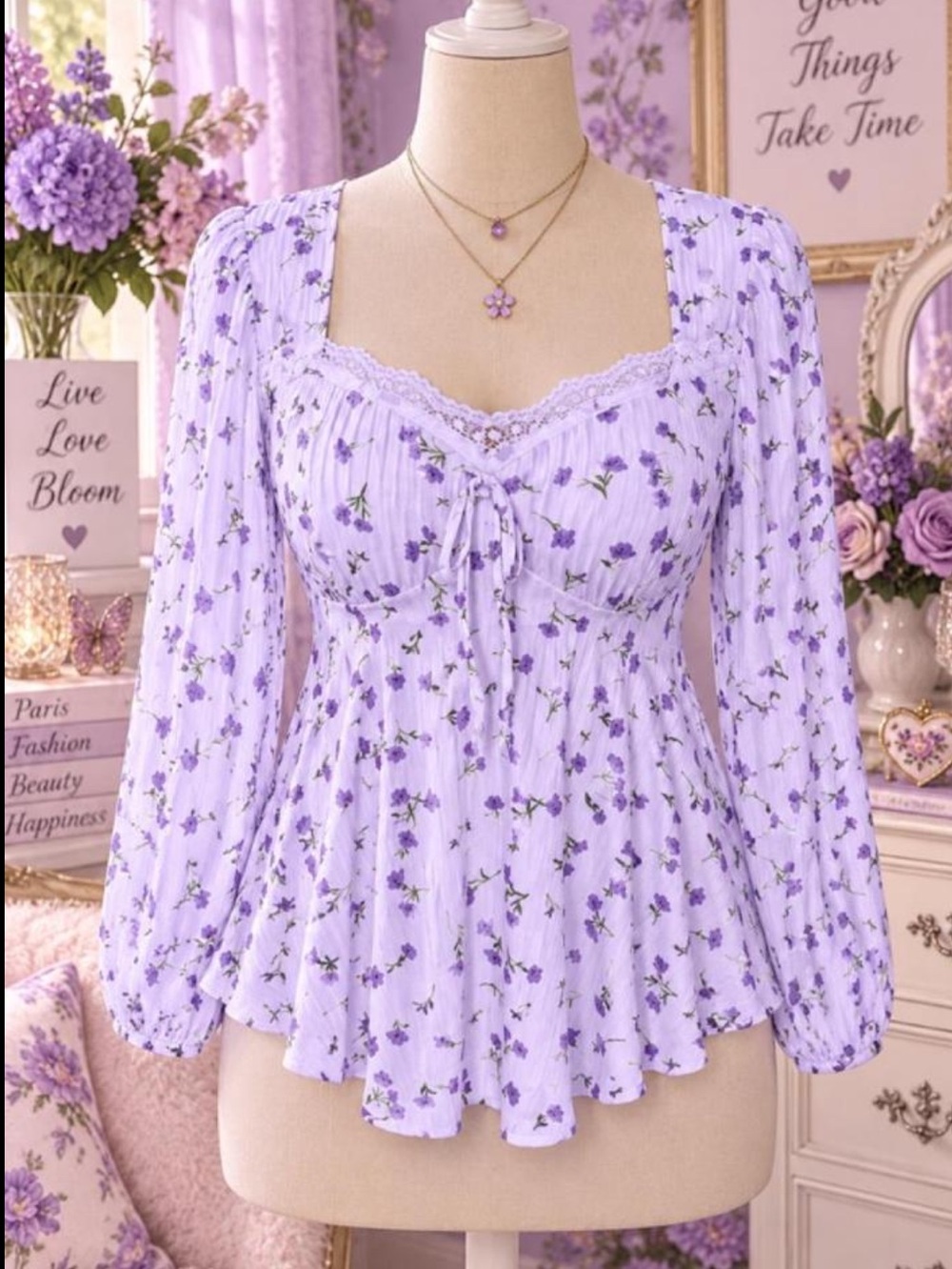 Lavender Floral Lace-Trim Peasant Tunic - Lavender